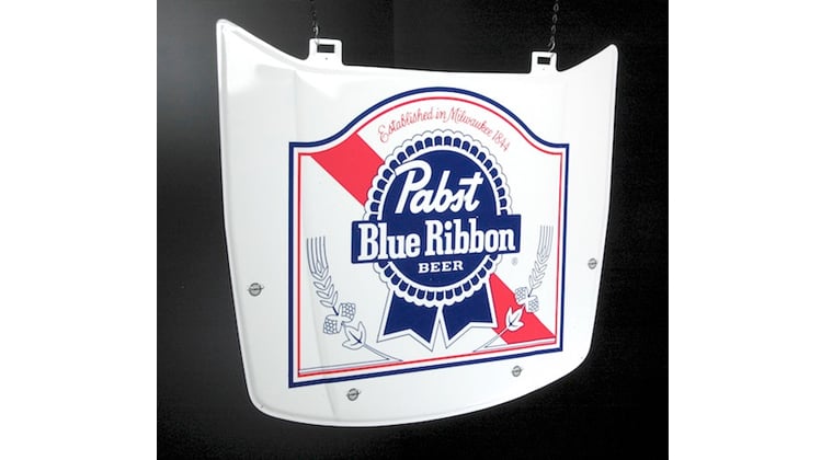 Graphic Print Pabst Blue Ribbon Car Hood Shaped Metal Tacker Wall Sign 749x420